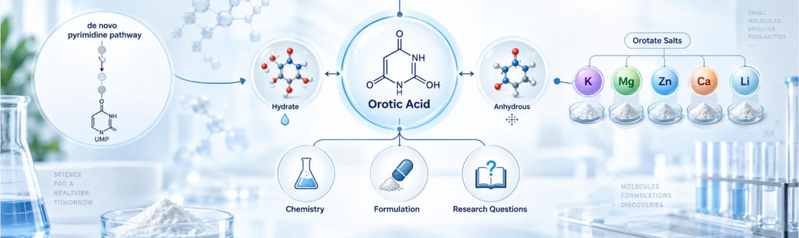Scientific family map: de novo pyrimidine pathway → orotic acid → hydrate / anhydrous forms → K / Mg / Zn / Ca / Li orotate salts → chemistry, formulation and research questions.