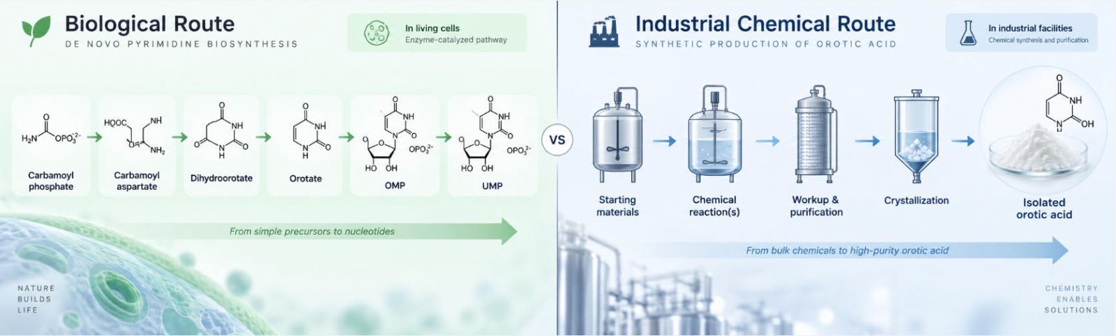 Two-route diagram: biological pathway (carbamoyl phosphate → carbamoyl aspartate → dihydroorotate → orotate → OMP → UMP) versus a generic industrial chemical route to isolated orotic acid.